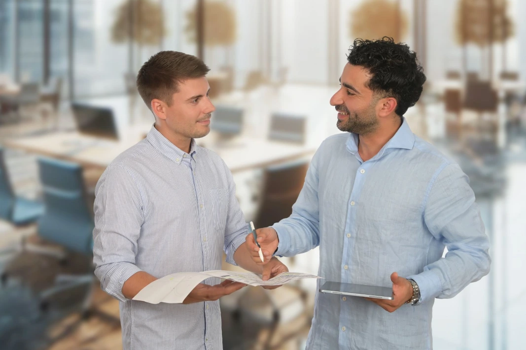 Zwei Fachkräfte besprechen gemeinsam einen Prüfplan für eine technische Qualifizierung.